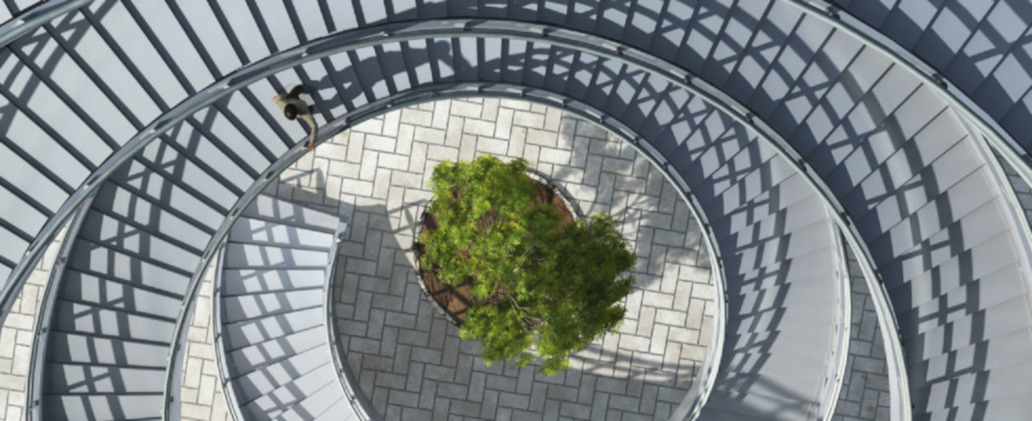 Person Climbing Long, High Spiral Staircase Outside with a Tree Centered in the Courtyard Below